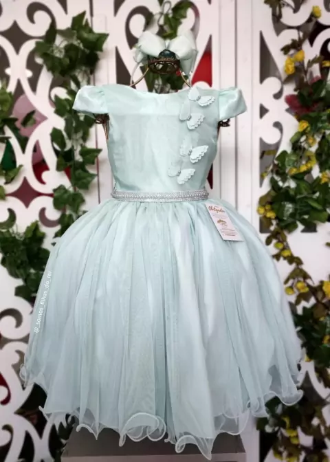 VESTIDO DE FESTA INFANTIL LIZ VERDE ÁGUA COM BORBOLETAS