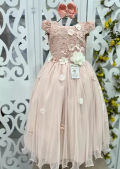 VESTIDO PLUS SIZE LONGO SALMÃO DE FESTA INFANTIL ENCANTADO DE MANGA CURTA COM APLICAÇÕES DE FLORES 3D