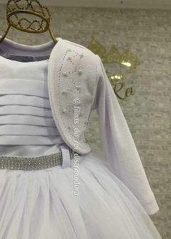 VESTIDO BRANCO FESTA INFANTIL BUSTO DRAPEADO E BOLERO MANGA LONGA na internet