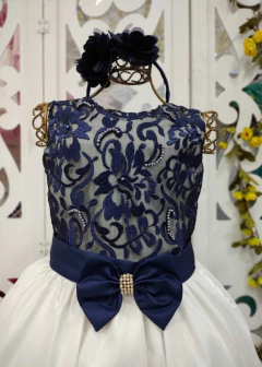 VESTIDO DE FESTA INFANTIL MIDI AZUL MARINHO E BRANCO - comprar online