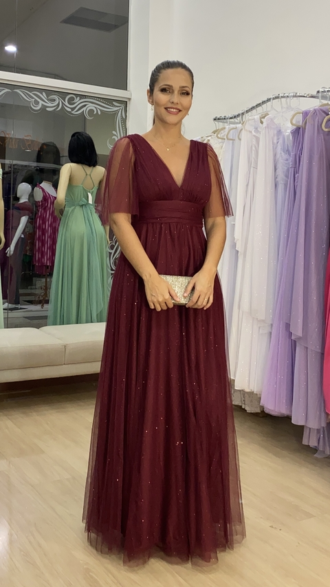 Vestido de festa Amélia, em tule marsala com brilho. Incrível para madrinhas de casamento