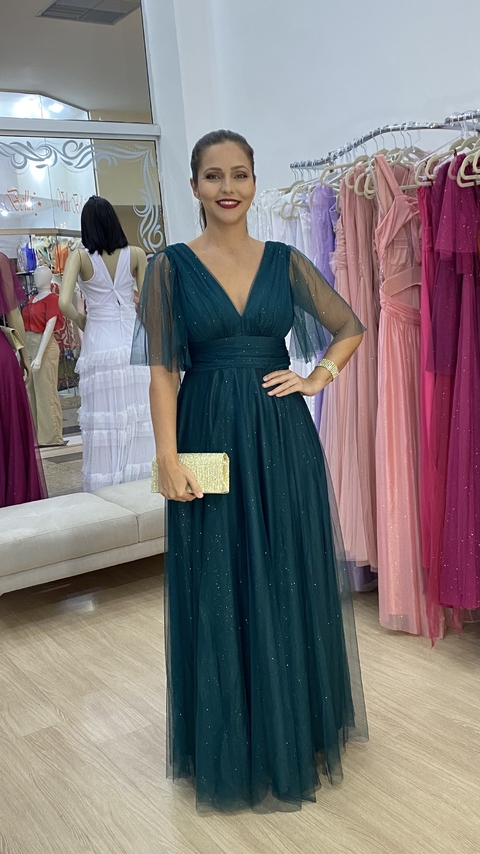 Vestido de festa Amélia, em tule Verde Esmeralda com brilho. Incrível para madrinhas de casamento