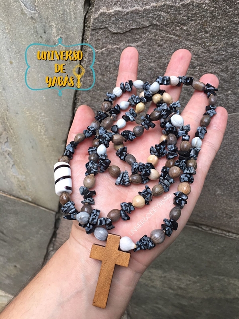 Guia Preto Velho obsidiana floco de neve e semente natural