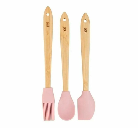 Conjunto Lyor 3 Utensilios Silicone Com Cabo de Bambu Rosa - comprar online