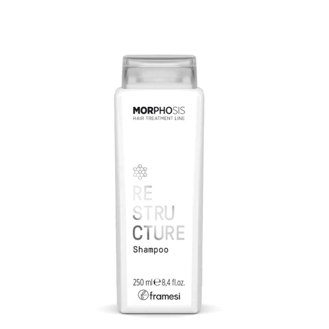 Botella de champú Morfosis de 250 ml de la línea de tratamientos capilares, diseñada para la reestructuración del cabello.