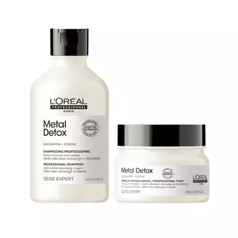 Botella y frasco de productos Metal Detox de L'Oréal Professionnel, incluyendo champú y máscara profesional.