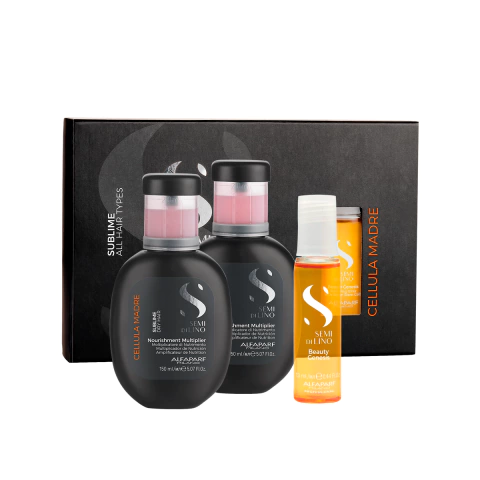 Kit de productos Beauty Genesis y 2 Booster Moisture de Alfaparf Milano, incluyendo frascos de tratamiento y aceite nutritivo.