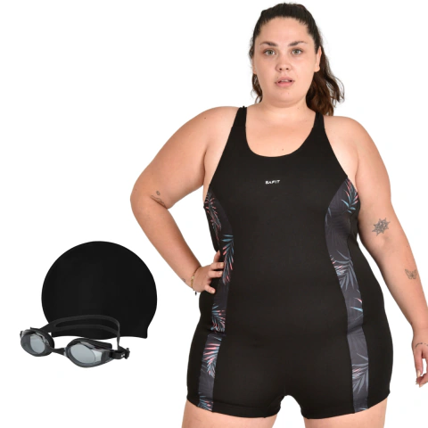 Combo Malla Short Mujer Talle Especial Safit 6202 + Antiparras + Gorro Silicona