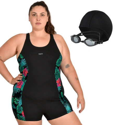Combo Malla Short Mujer Talle Especial Safit 6202 + Antiparras + Gorro Tela en internet