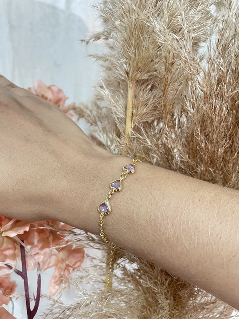 Pulseira três corações lilás ouro