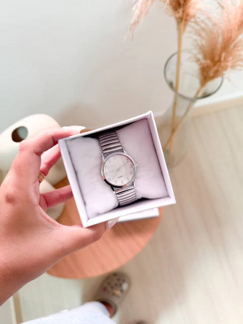 Relógio redondo regulável G prata com branco