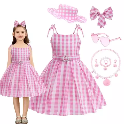 Fantasia Barbie Rosa Xadrez Acessórios Cosplay Infantil