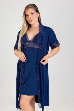 Imagem do CAMISOLA RENDA + ROBE AZUL MARINHO