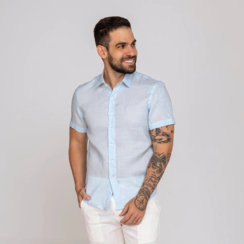 Camisa Puro Linho Azul Claro Manga Curta