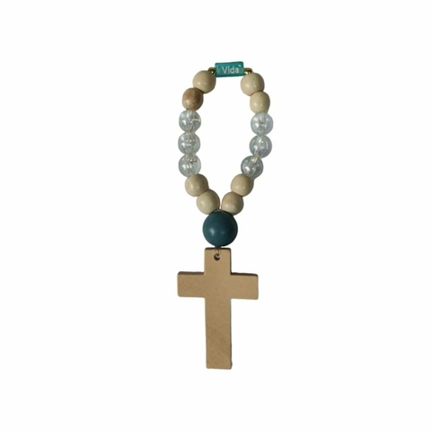 10 Lembranças chaveiro cruz com bolas de madeira 15 cm - Elo azul