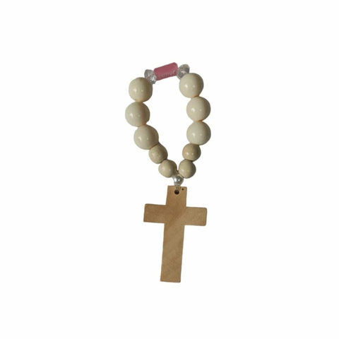 10 Lembranças chaveiro cruz com bolas de madeira 15 cm - Elo rosa