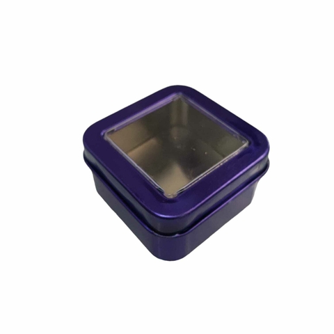 Latinha De Metal Roxa Com Visor De Acrílico Transparente - 5x5x3 cm.