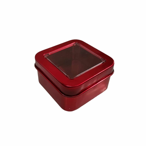 Latinha De Metal Vermelha Com Visor De Acrílico Transparente - 5x5x3 cm.
