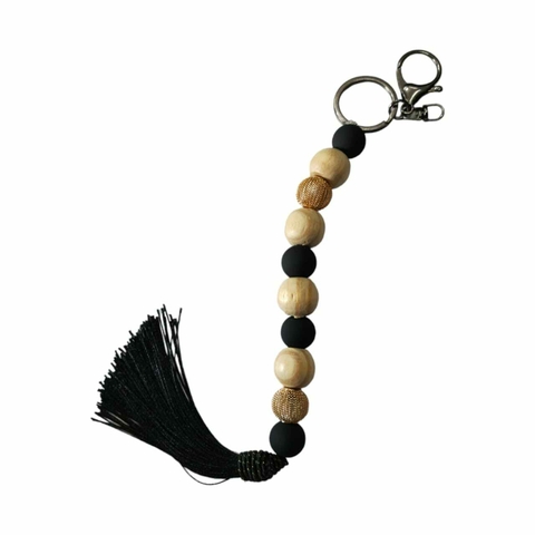 Chaveiro De Bolas De Madeira E Tassel 25cm. Preto