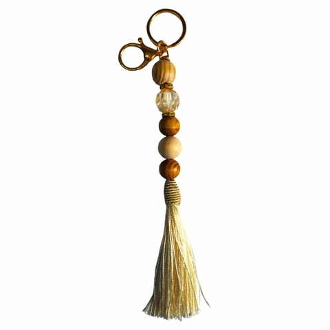 Chaveiro De Bolas De Madeira e pedrarias com Tassel 25cm. Cor Bege