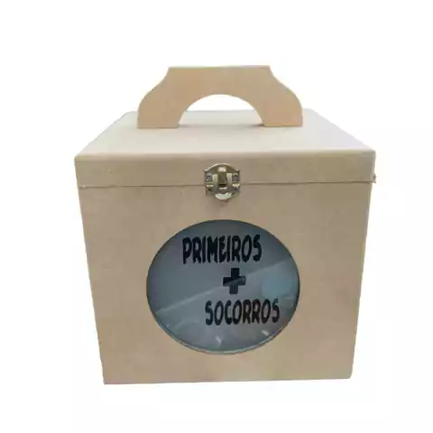 Caixa De MDF Primeiros Socorros Com Fecho, Vidro E Alça Opcional - 17.5×17.5×20.5cm.
