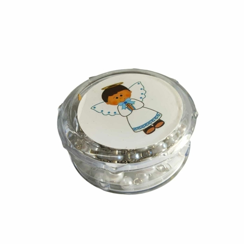 Mini Terço Branco Infantil Na Latinha Transparente Com Rótulo - Lembrancinha Batizado