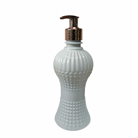Frasco Cinturinha Plástico Cor Branco 250ml - Válvula Pump Sabonete Cromada Rosê Gold