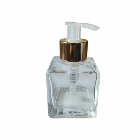 Frasco De Vidro Quadrado Transparente 100 ml - Válvula Pump Sabonete Cromada Dourada Com Branco