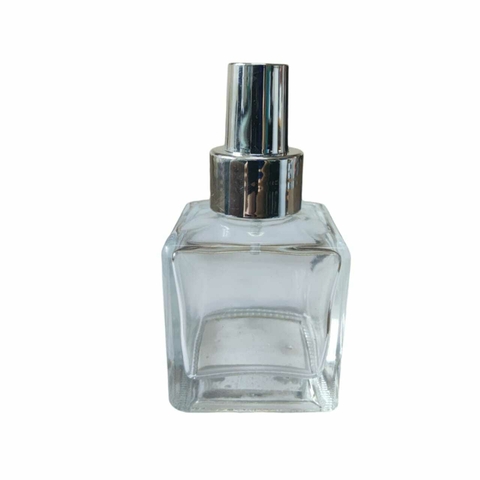 Frasco De Vidro Quadrado Transparente 100 ml - Válvula Spray Cromada Prateada