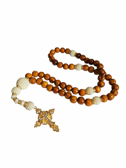 Terço Religioso Grande De Parede Bolas Contas De Madeira E Pingente De Cruz- 45cm