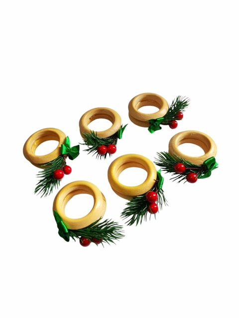 Porta Guardanapo Decorado Para O Natal 5cm. 6 Unidades - Com Argola De Madeira