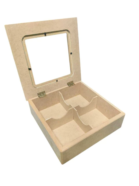 Caixa De MDF Cru Para Chá Com Vidro Na Tampa - 20x20x05cm - comprar online