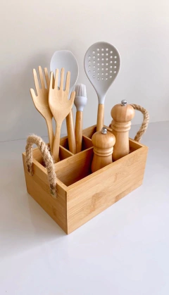 PORTA TALHERES DE BAMBU COM ALÇA NATURAL