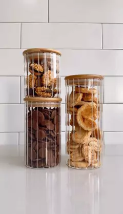 KIT POTES CANELADOS HERMÉTICOS - 3 PEÇAS - BAMBUS HOME