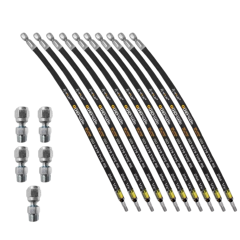 Conjunto de mangueiras e conexões para caminhões, incluindo 10 mangueiras de 410mm e 5 conexões retas giratórias.