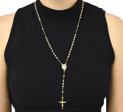 Rosario tres tonos Virgen guadalupe con zirconias 5mm Facetado. Oro Laminado 18k - comprar en línea