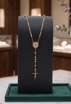 Rosario Virgen De San Juan De Los Lagos Zirconia. Bola Facetada 4mm. ORO LAMINADO 18K - CATÁLOGO BLANCO