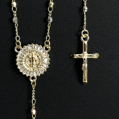 Rosario San Benito con Zirconia 3mm. Bolitas Facetaas Tres Oros. Oro Laminado 18K - comprar en línea