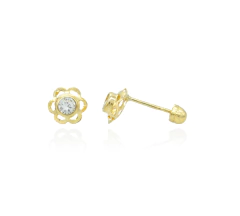 Broqueles Flor Estampada Con Zirconia. Oro 10k