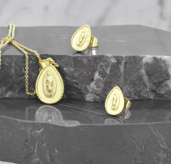 JUEGO COLLAR Y ARETES GOTA. VIRGEN DE GUADALUPE. ORO LAMINADO 18K - tienda en línea