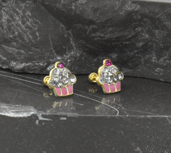 Imagen de Broqueles Muffin Cupcake Esmaltados Con Zirconias. Oro 10k