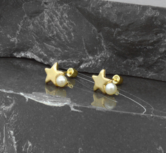 Broqueles Estrella Espejo Con Perla. Oro 10k - tienda en línea