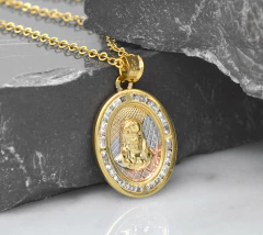 Dije Sagrado Corazón De Jesús Ovalo 3 Oros Zirconias. Sin Cadena. Chapa De Oro 14k - comprar en línea