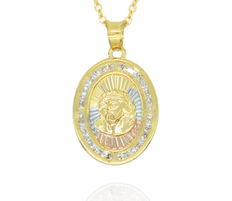 Collar Divino Rostro De Jesús Ovalo 3 Oros Zirconias. Chapa De Oro 14k