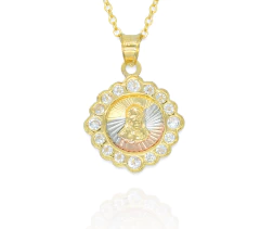 Collar Sagrado Corazón De Jesús Flor Redonda 3 Oros Con Zirconias. Chapa De Oro 14k