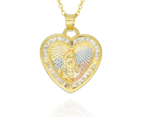 Collar Sagrado Corazón De Jesús Corazón 3 Oros Con Zirconias. Chapa De Oro 14k