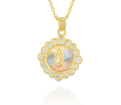 Collar Virgen Flor Redonda 3 Oros. Chapa De Oro 14k