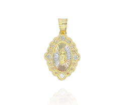 Dije Medalla Virgen Flor Oval 3 Oros Con Zirconias Chica. Sin Cadena. Chapa De Oro 14k