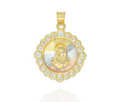 Dije Virgen Rostro Flor Redonda 3 Oros Con Zirconias. Sin Cadena. Chapa De Oro 14k