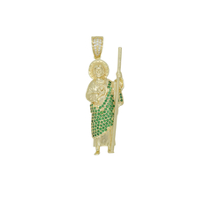 Dije San Judas con zirconias verdes y blancas. Oro Laminado 18k